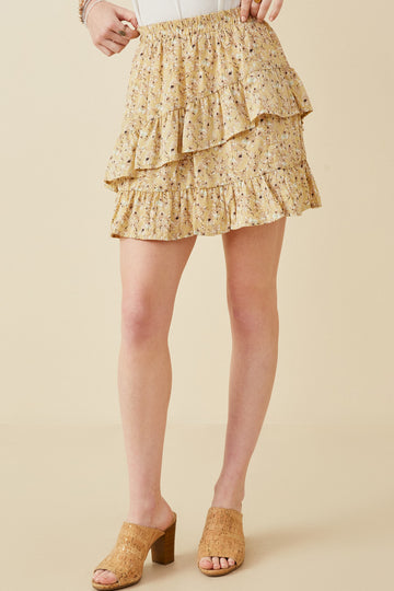 HY5664 YELLOW Womens Floral Printed Asymmetric Ruffle Skirt